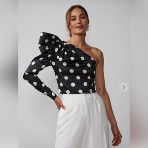 New York & Company Polka Dot One Shoulder Bow Top
